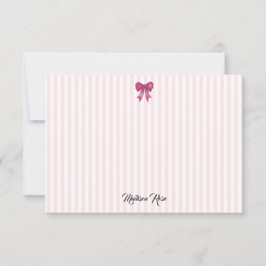 Aangepaste Roze Bow Roze Stripe Preppy Bedankkaart (Voorkant)