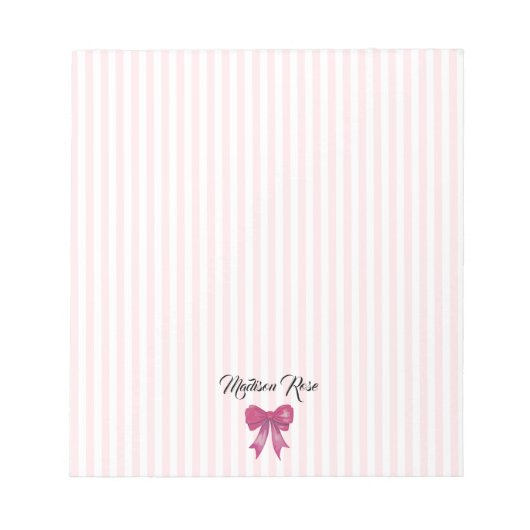 Aangepaste Roze Bow Roze Stripe Preppy Notitieblok (Voorkant)