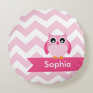 Aangepaste roze Chevron Owl Rond Kussen