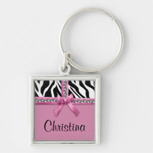 Aangepaste roze en witte zebrastrips en Pareltjes Sleutelhanger