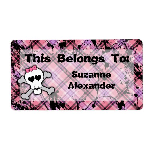 Aangepaste Roze en Zwarte Schedel w Crossbones Boe Etiket (Voorkant)