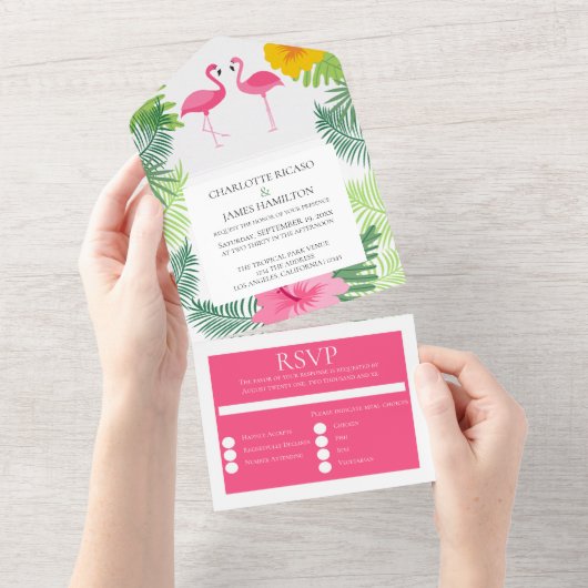 Aangepaste roze flamingo Tropical Wedding All In One Uitnodiging (Afscheurbaar)