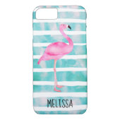 Aangepaste roze flamingo Turquoise Blue Stripes Case-Mate iPhone Case (Achterkant)