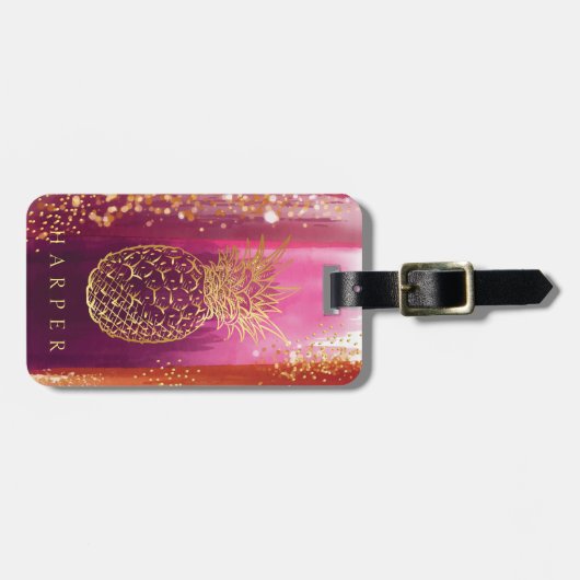 Aangepaste roze glitter-ananas bagagelabel (Voorkant horizontaal)