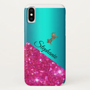 Aangepaste roze glitter en Aqua Sparkly Unicorn iPhone X Hoesje