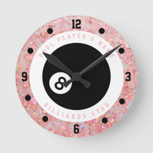 Aangepaste roze glitter Girls Billiards Pool Playe Ronde Klok