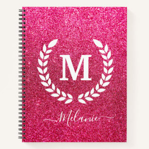 Aangepaste roze Glitter Monogram Naam Notitieboek