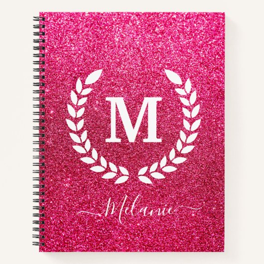 Aangepaste roze Glitter Monogram Naam Notitieboek (Voorkant)
