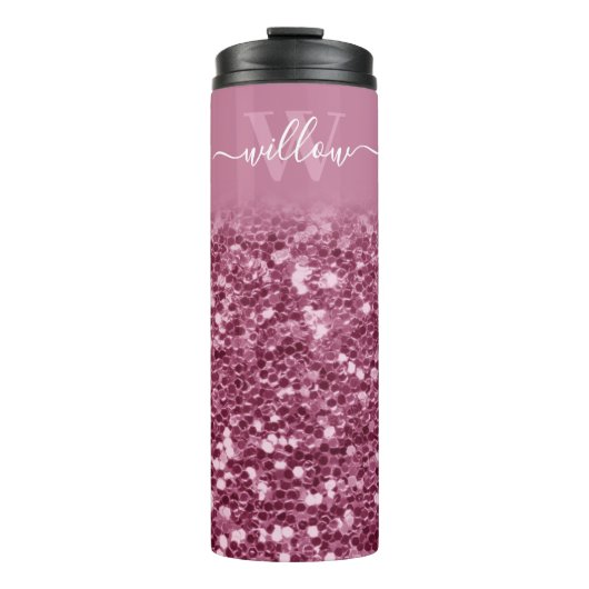 Aangepaste roze Glitter Monogram Naam Thermosbeker (Voorkant)