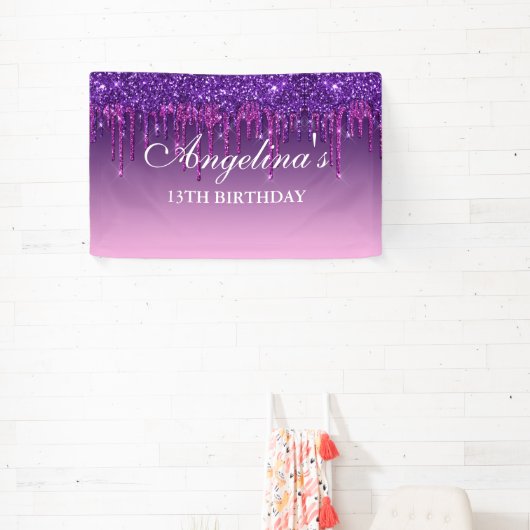 Aangepaste roze Paarse druppelaar Glitter Birthday Spandoek (Insitu)