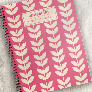 Aangepaste Roze Retro Vibe Leaf Patroon Monogram Notitieboek