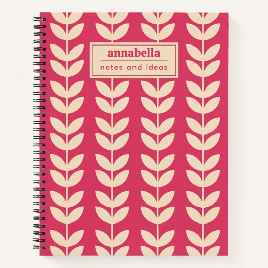 Aangepaste Roze Retro Vibe Leaf Patroon Monogram Notitieboek (Voorkant)
