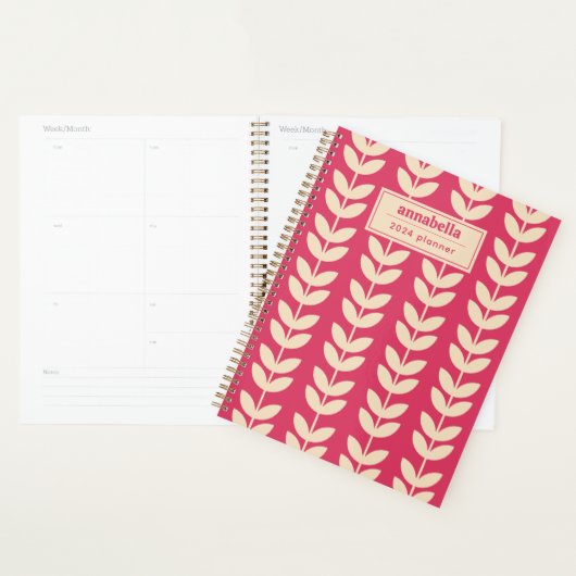 Aangepaste Roze Retro Vibe Leaf Patroon Monogram Planner (Display)