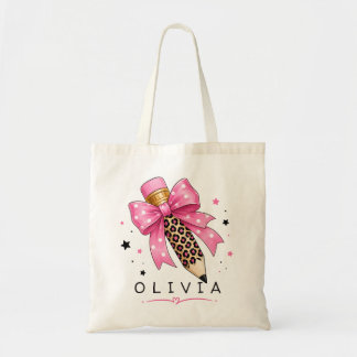 Aangepaste Roze Stipsluis Strik Luipaard Potlood L Tote Bag