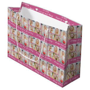 Aangepaste Roze Verjaardags Fotocollage Met Cadeau Groot Cadeauzakje