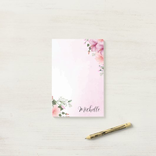 Aangepaste roze Waterverf bloemen Post-it® Notes (Op bureau)