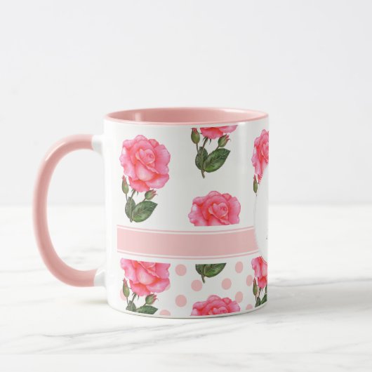 Aangepaste Rozen Polka Dot Monogram Cirkel Mok (Links)