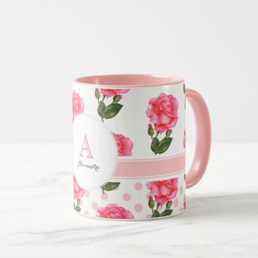 Aangepaste Rozen Polka Dot Monogram Cirkel Mok (Voorkant rechts)