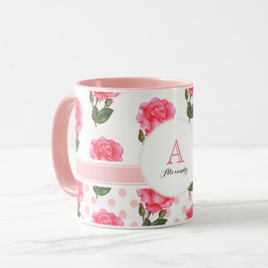 Aangepaste Rozen Polka Dot Monogram Cirkel Mok (Voorkant links)