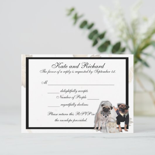 Aangepaste RSVP-kaarten voor pug Weddenschap RSVP Kaartje (Staand voorkant)