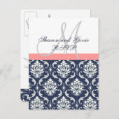 Aangepaste RSVP Navy Damask Wedding Briefkaart (Voorkant / Achterkant)