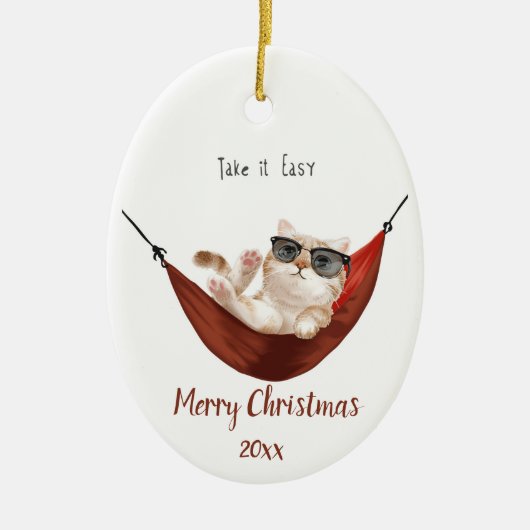 Aangepaste Rust Ontspanning Kerstmis Kat Keramisch Ornament (Voorkant)