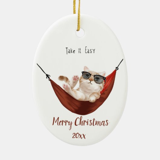 Aangepaste Rust Ontspanning Kerstmis Kat Keramisch Ornament (Achterkant)