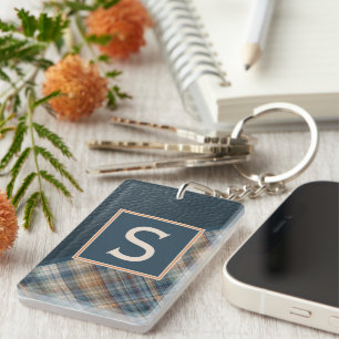 Aangepaste rustieke donker Blauwgroen blauw streep Sleutelhanger