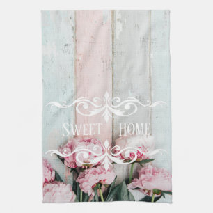 Aangepaste rustieke houten Roze Blauwe verf Bloem Theedoek
