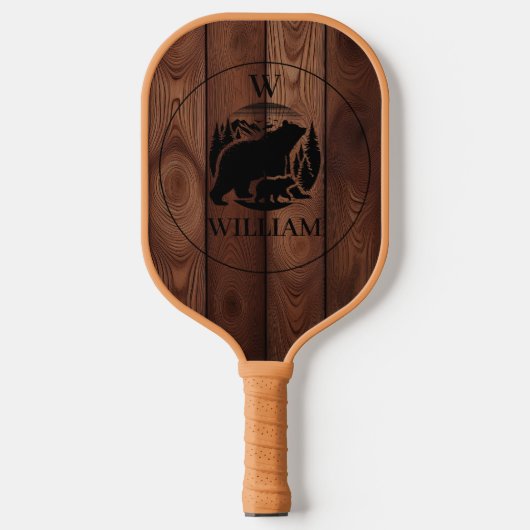 Aangepaste Rustieke Houten Textuur & Beer Monogram Pickleball Paddle (Voorkant)