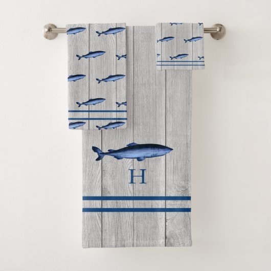 Aangepaste Rustieke Nautische Haai Blauw Grijs Hou Bad Handdoek (Insitu)