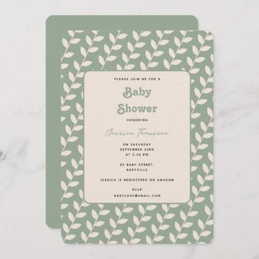 Aangepaste Sage Green 70s Retro Leaf Baby shower Kaart (Voorkant / Achterkant)