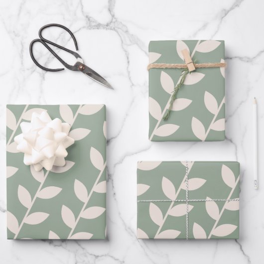 Aangepaste Sage Green 70s Retro Leaf Patroon Inpakpapier Vel (Voorkant)