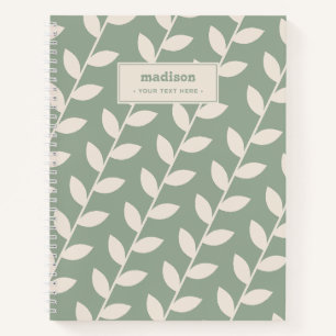 Aangepaste Sage Green 70s Retro Leaf Patroon Monog Notitieboek