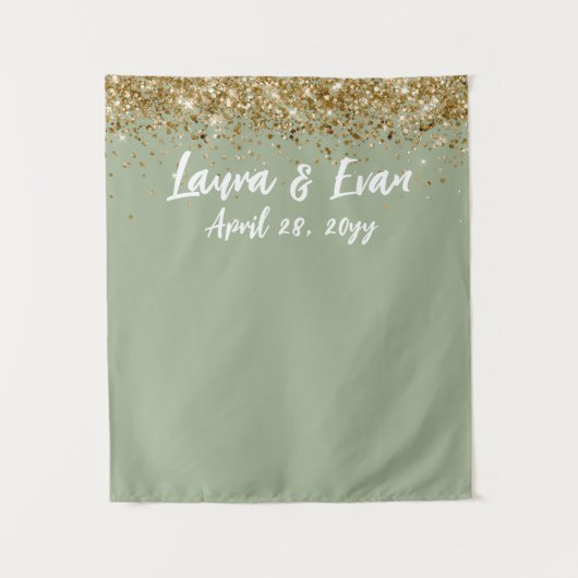 Aangepaste Sage Groen Goud Trouwbooth Prop Wandkleed (Voorkant)