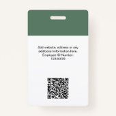 Aangepaste Sage Groene Werknemer Moderne ID QR Bad Badge (Achterkant)