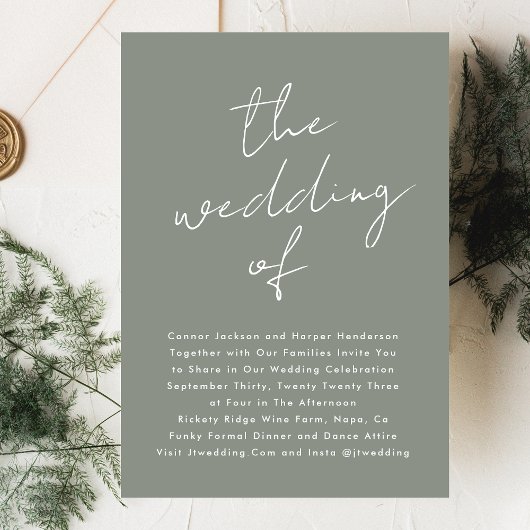 Aangepaste Sage Groene Witte Naam Modern De bruilo Kaart