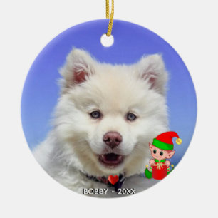 Aangepaste Samoyed Dog Foto met Cute Elf Keramisch Ornament
