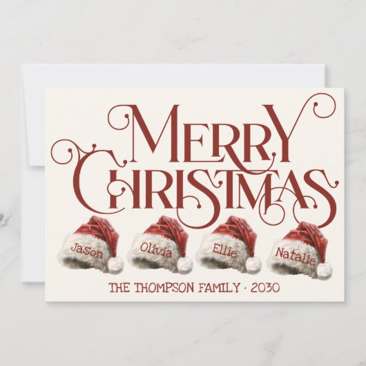 Aangepaste Santa Hat familie van 4 rode vrolijke k Feestdagenkaart (Voorkant)