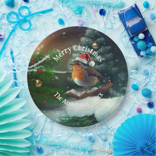 Aangepaste Santa Robin op een kerstboom servetten Papieren Bordje (Feest)