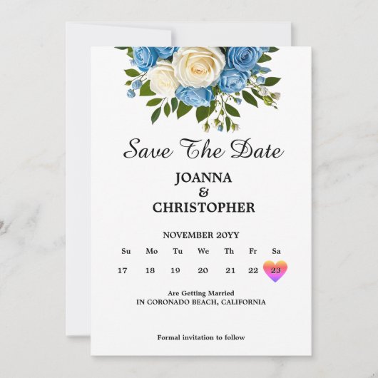 Aangepaste Save the Date met blauwe en witte rozen (Voorkant)