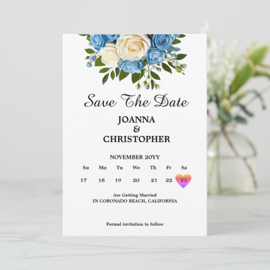Aangepaste Save the Date met blauwe en witte rozen (Staand voorkant)