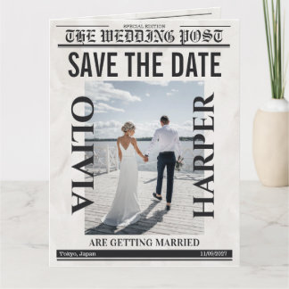 Aangepaste “Save the Date” Vintage Trouwkrant Kaart