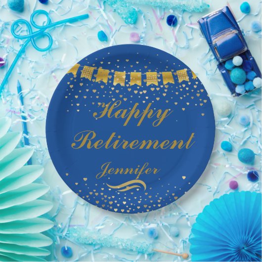 Aangepaste Schattige Blauw en goud Happy Retiremen Papieren Bordje (Feest)