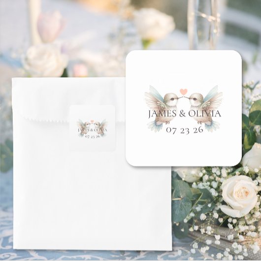 Aangepaste Schattige Hummingbird Heart Wedding Vierkante Sticker