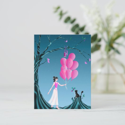 Aangepaste Schattigee Ballerina en Cat Night Sky B Briefkaart (Staand voorkant)