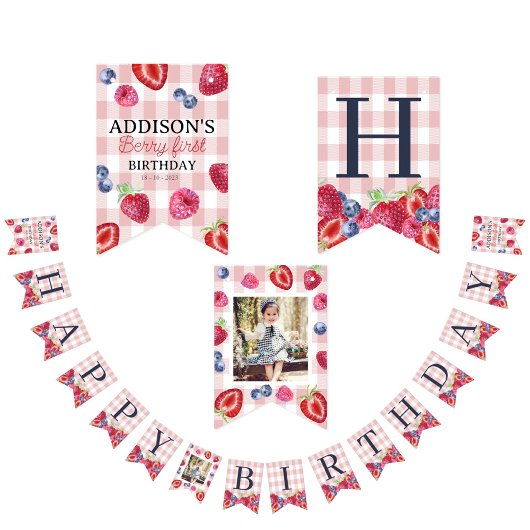 Aangepaste Schattigee Berry Eerste Verjaardag Roze Vlaggetjes