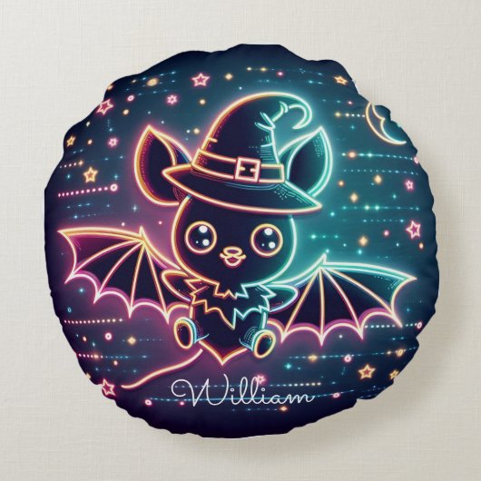 Aangepaste Schattigee Halloween Bat Witch's Pet Mo Rond Kussen (Achterkant)