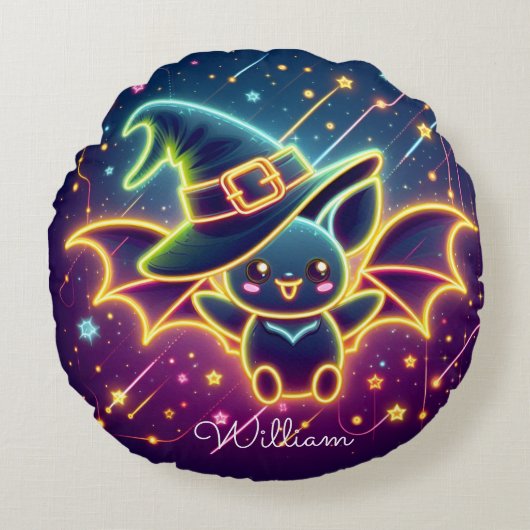 Aangepaste Schattigee Halloween Bat Witch's Pet Nu Rond Kussen (Voorkant)