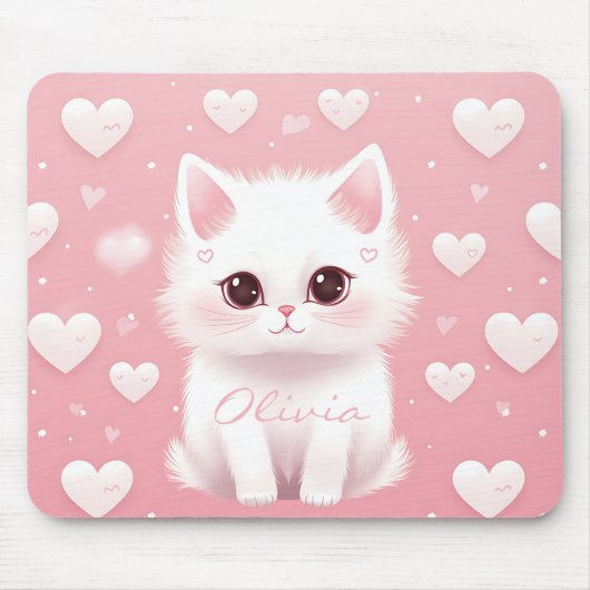 Aangepaste Schattigee Kitten Valentijnsdag Wit Roz Muismat (Voorkant)